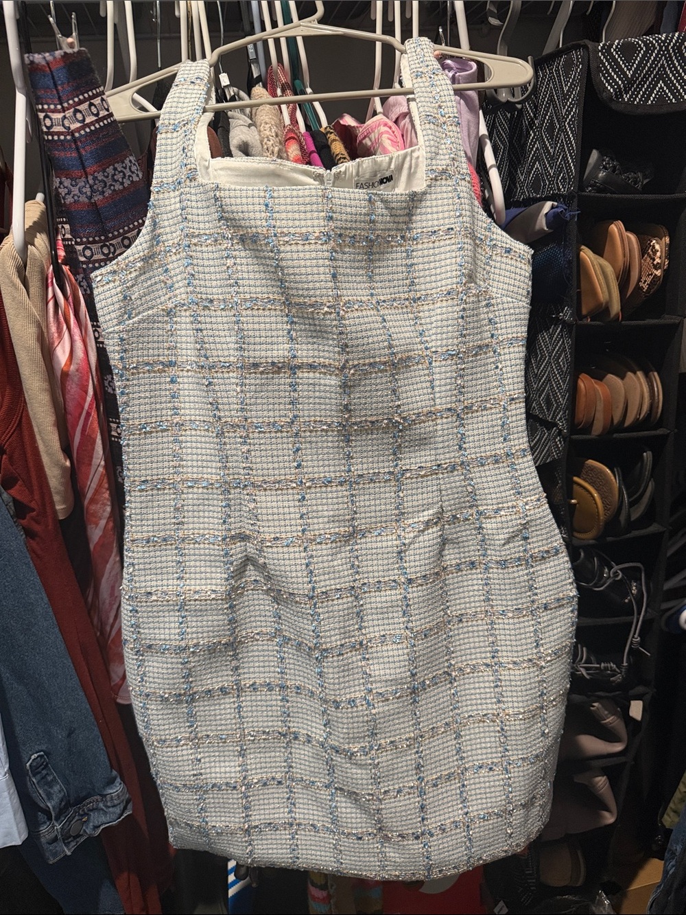 Fashion Nova Ivory Tweed Mini Dress with Light Blue Windowpane